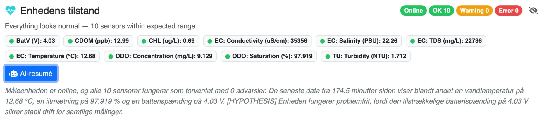 SensQ dashboard showing live sensor measurements and device status.